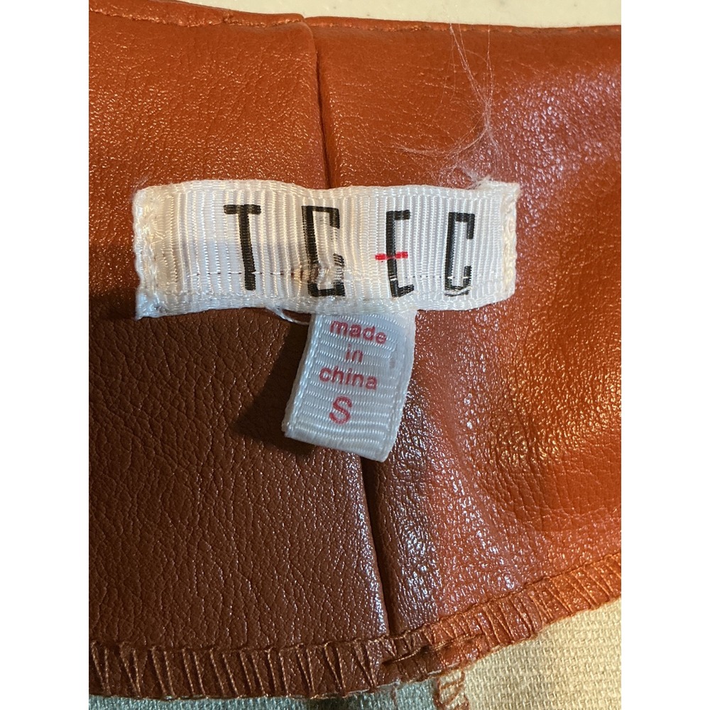 TCEC Cognac Brown Faux Leather Puff‎ Sleeve Square Neck Crop Top CT7687 Small